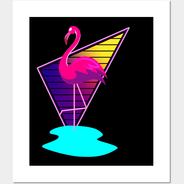 80s Synthwave Inspired Pink Flamingo Triangle Design Wall Art by Brobocop